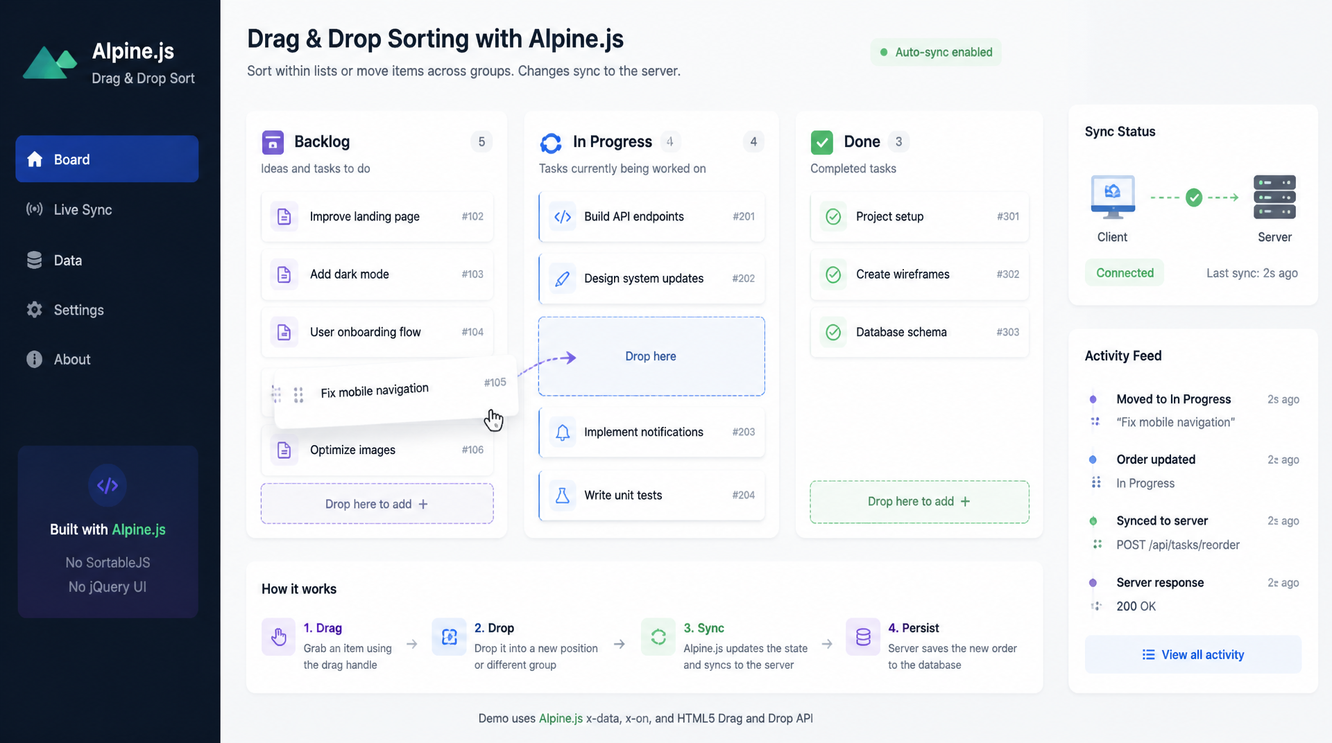Alpine.js x-sort: Drag-and-Drop Sortieren ohne Bibliothek