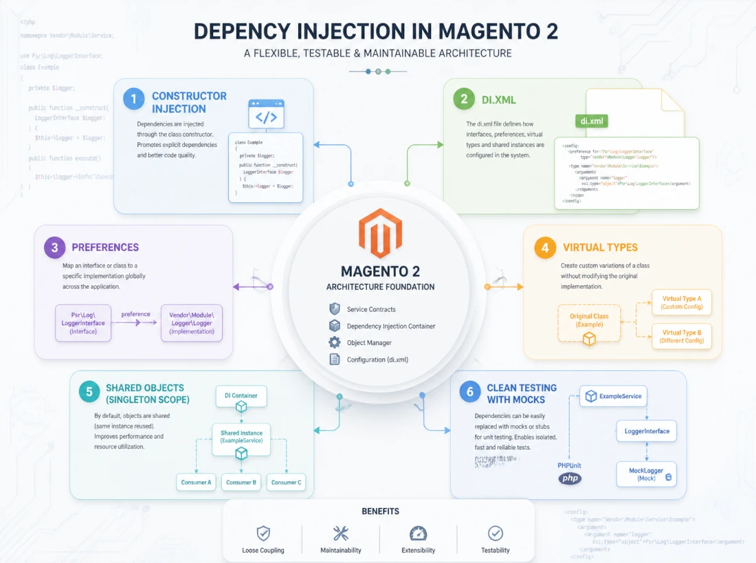 Dependency Injection in Magento 2: di.xml, Interfaces und Shared Objects tief erklärt
