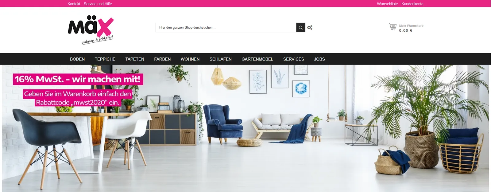 Mäx: Webshop und Firmenseite für Wohnen und Schlafen