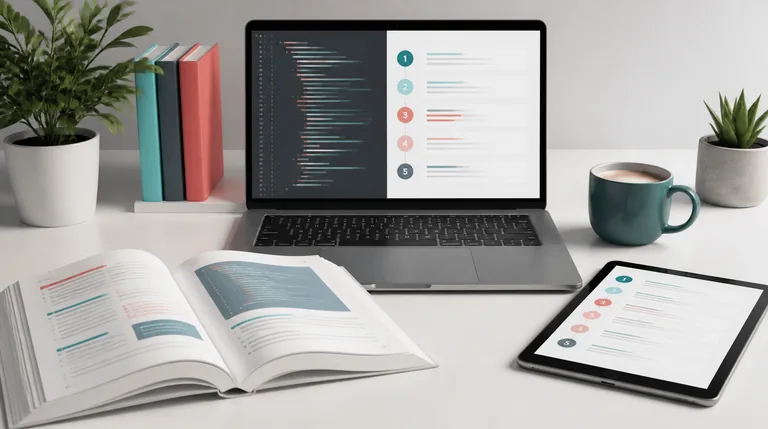 Laptop mit Code-Editor und geöffnetem Tutorial neben einem aufgeschlagenen Fachbuch