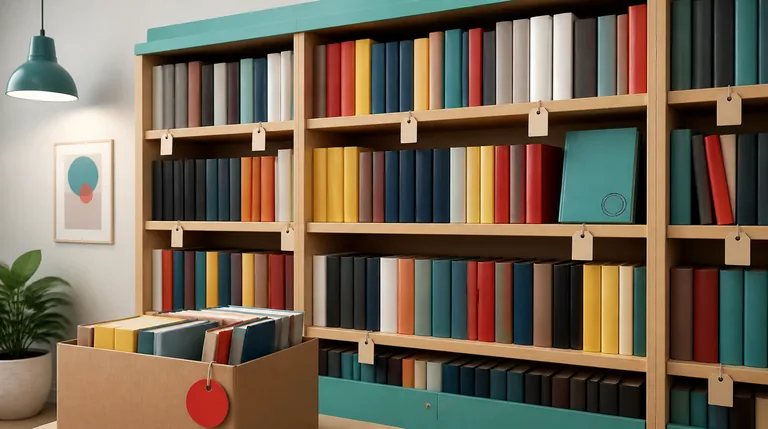 Regal mit IT-Fachbüchern, Preisschildern und einem Karton mit Mängelexemplaren, Erinnerung an BücherBillig