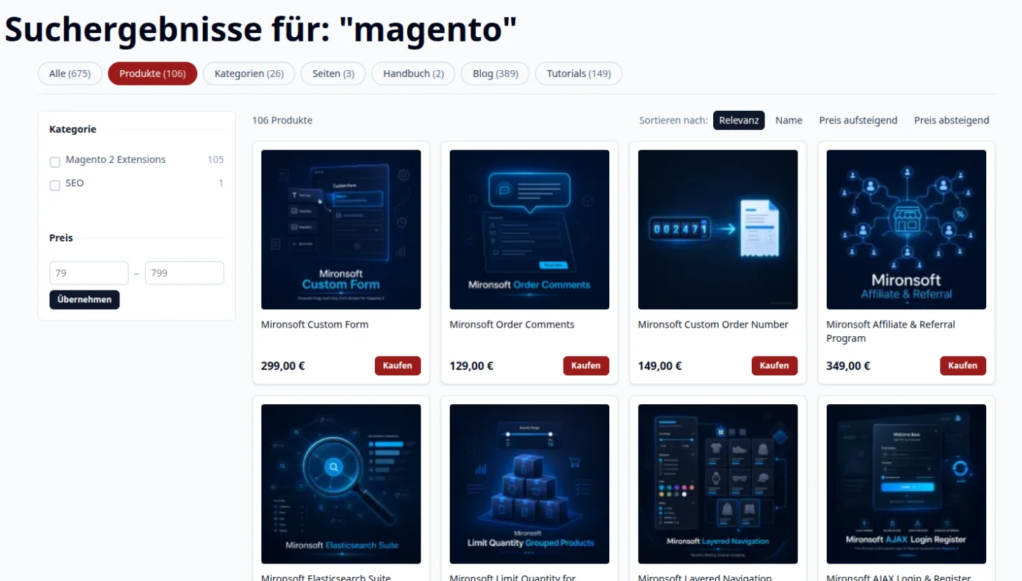Ergebnisseite mit Layered Navigation für Kategorie und Preis