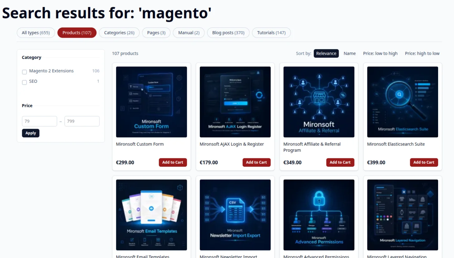 Results page with layered navigation for category and price