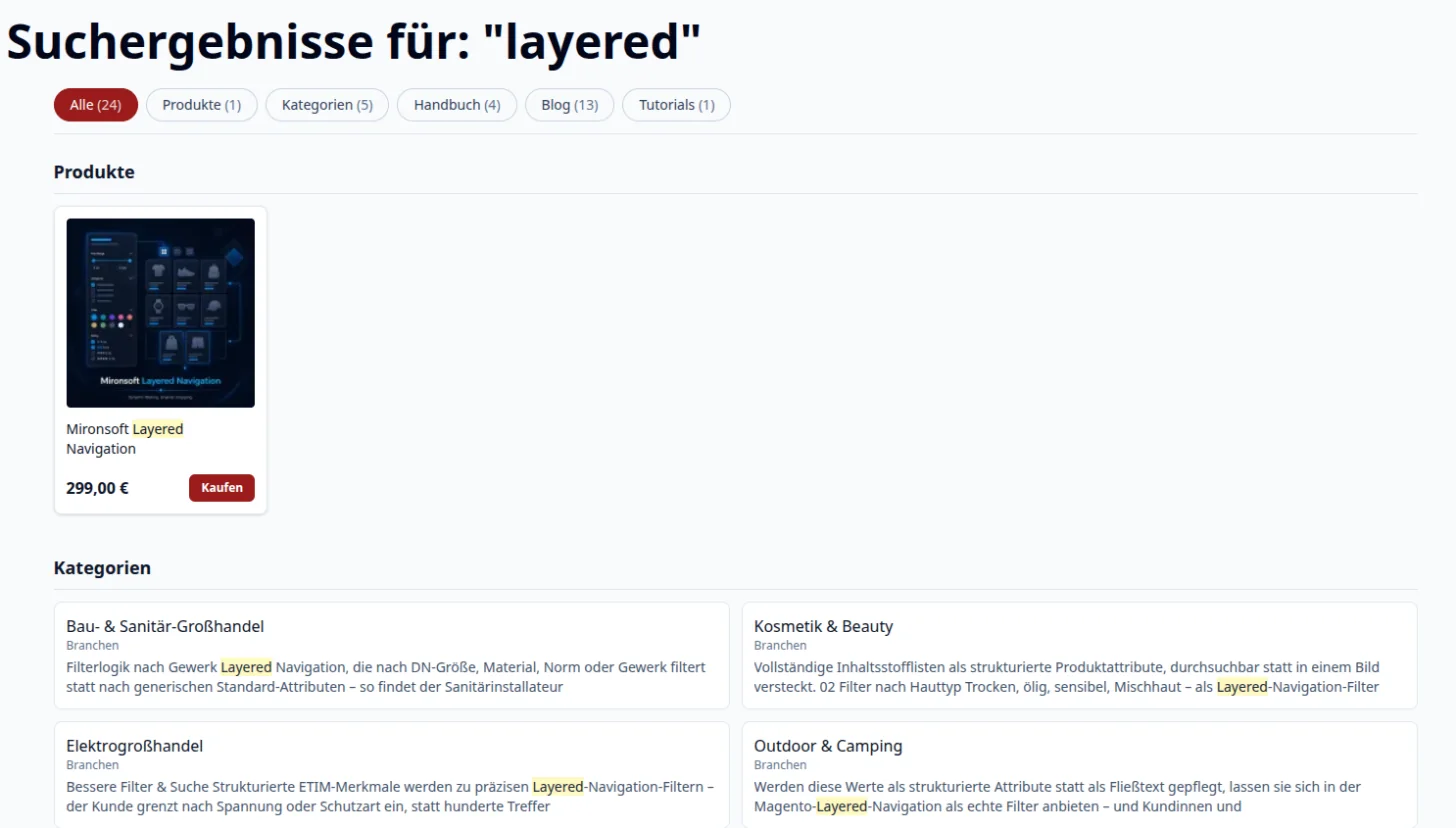 Ergebnisübersicht mit Produkten und Kategorien für den Begriff layered