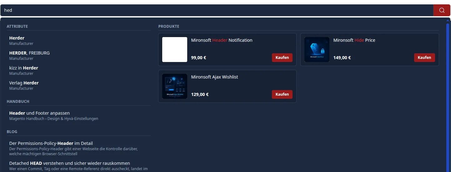 Suche nach „hed“ findet Header Notification und Hide Price