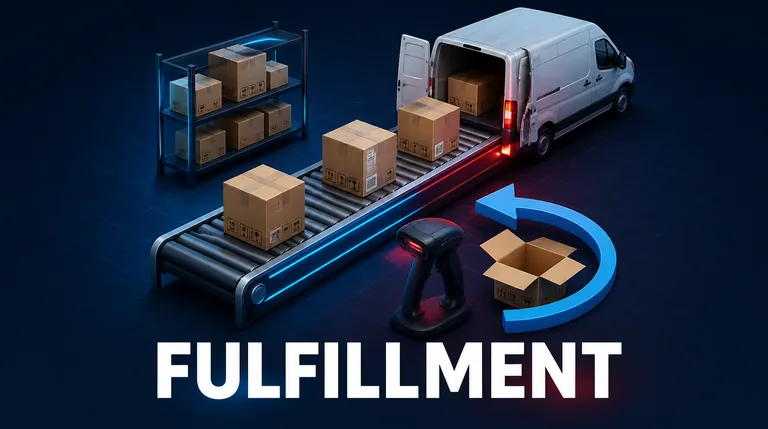 Parcel conveyor in a warehouse with delivery van, return arrow and scanner, fulfilment and returns handling for Magento shops