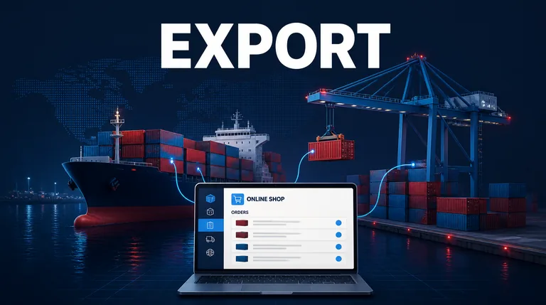 Container ship and harbour crane with a laptop showing an order list in an online shop, Magento agency for Hamburg