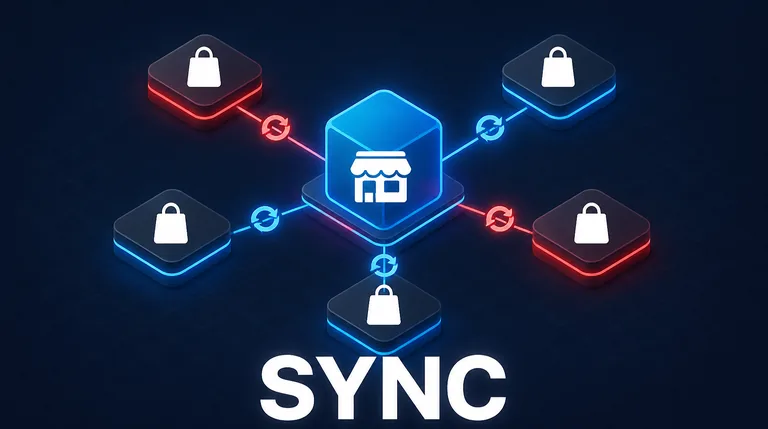 Central shop cube with sync arrows to five marketplace tiles, marketplace integration with Magento