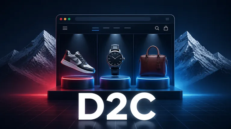 Premium brand shop with sneaker, watch and bag on lit pedestals against an alpine backdrop, Magento agency for Munich