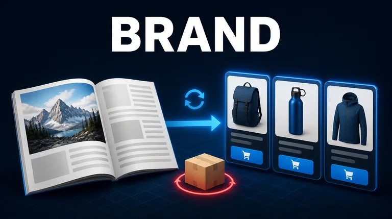 Magazine page with a mountain motif flowing into product cards and a subscription symbol, content commerce with Magento