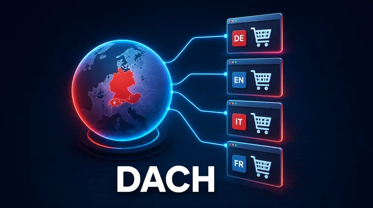 Globe connected to four shop windows for German, English, Italian and French, multilingual Magento shop